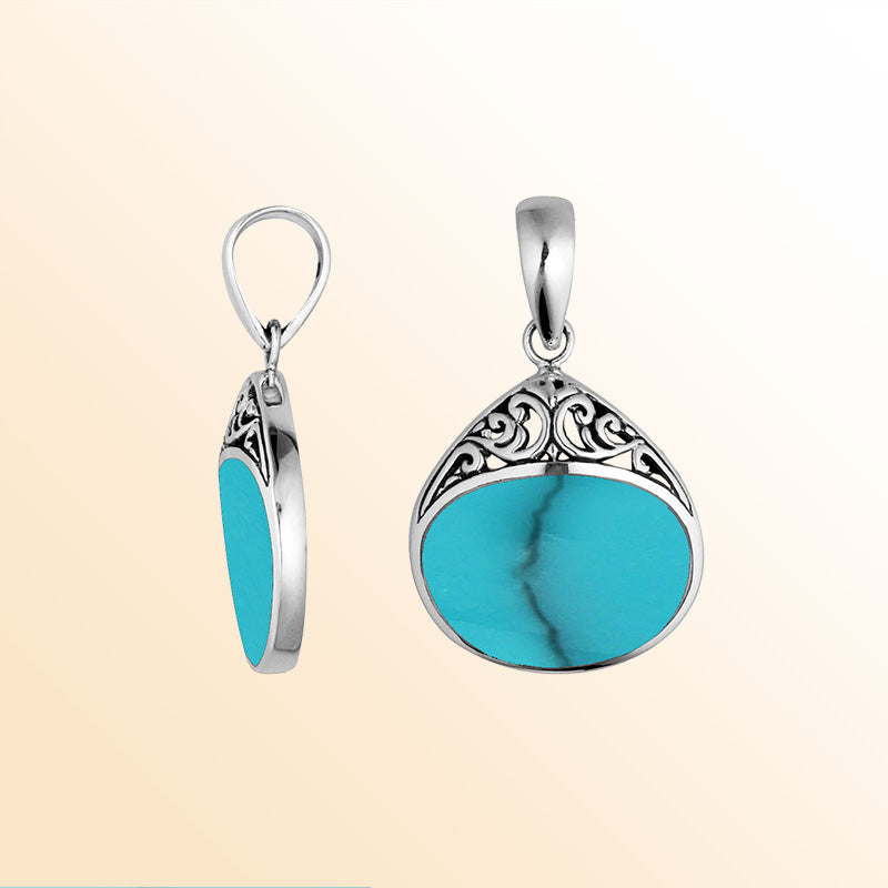 925 Sterling Silver Artistic Teardrop Pendant Featuring Turquoise Shell