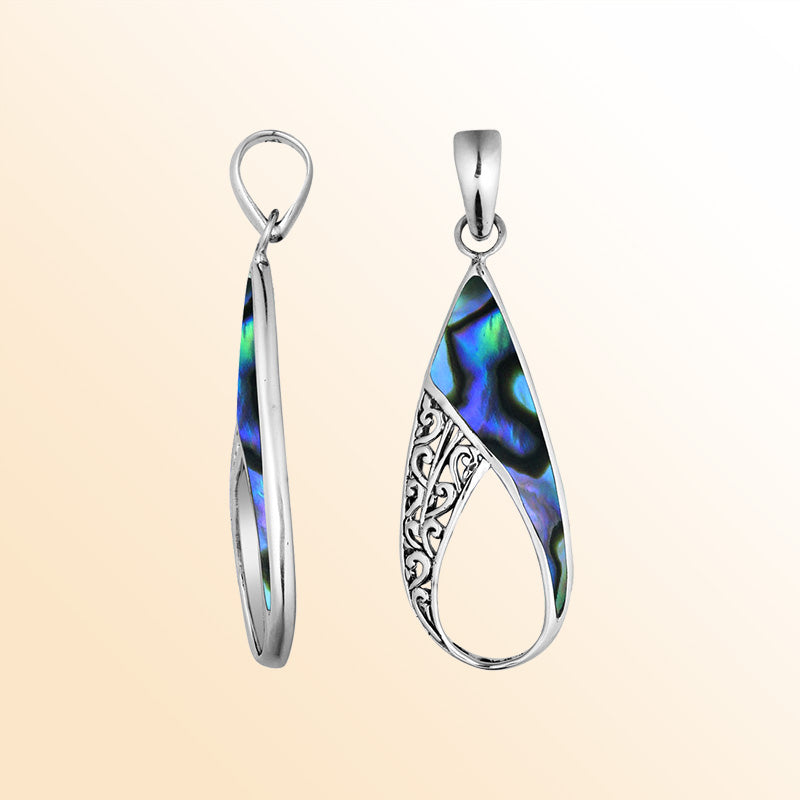 925 Sterling Silver Artistic Open Teardrop Pendant Featuring Abalone Shell