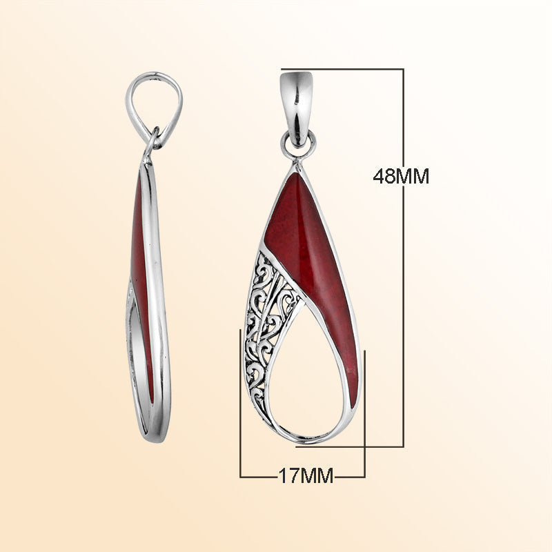 925 Sterling Silver Artistic Open Teardrop Pendant Featuring Red Coral