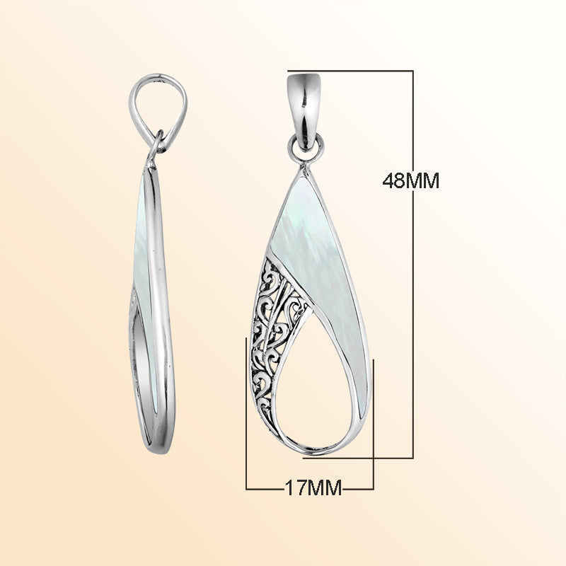 925 Sterling Silver Artistic Open Teardrop Pendant Featuring Mother Of Pearl