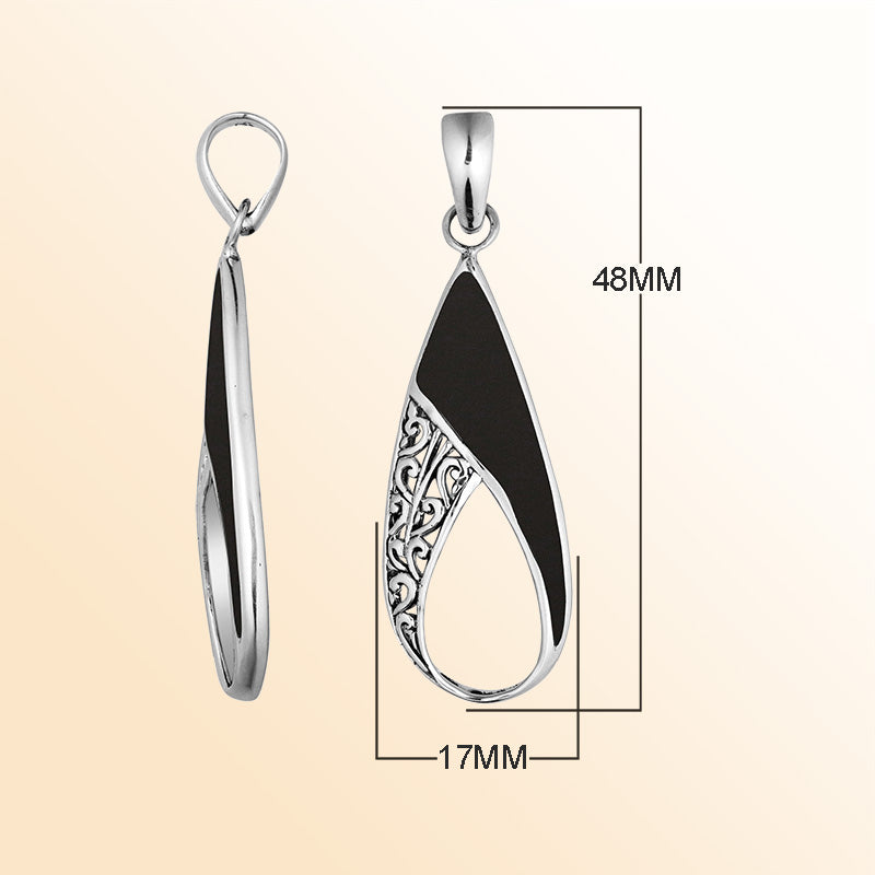 925 Sterling Silver Artistic Open Teardrop Pendant Featuring Black Shell