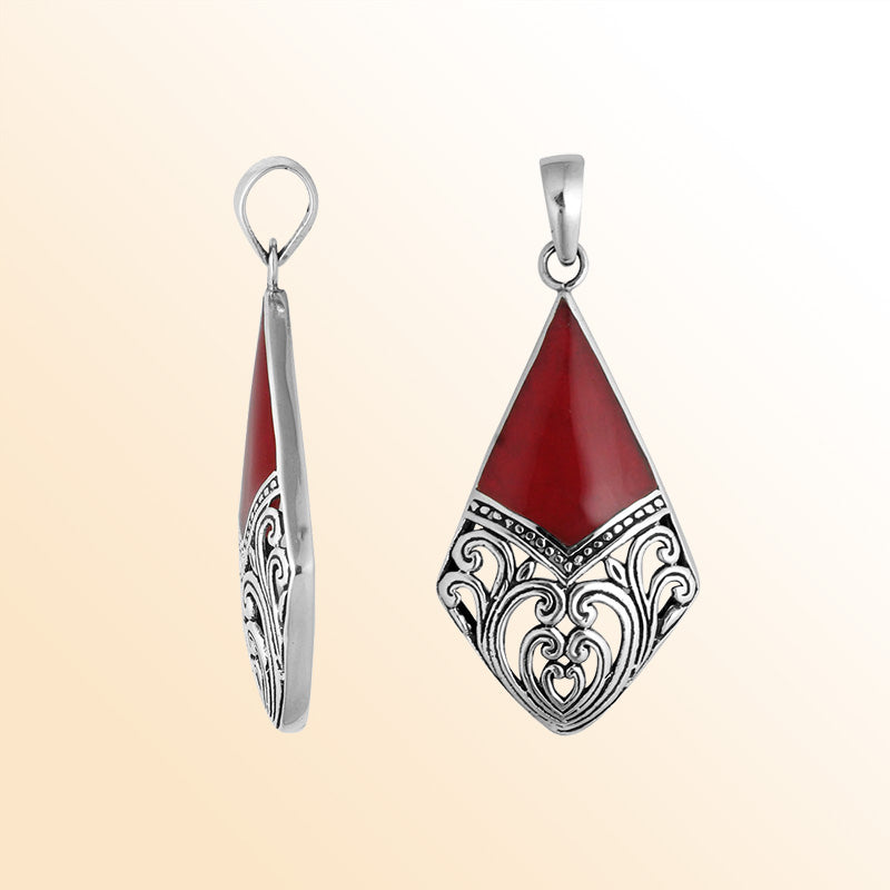 925 Sterling Silver Artistic Diamond Pendant Featuring Red Coral