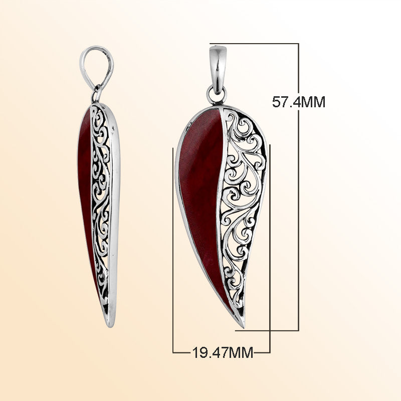 925 Sterling Silver Artistic Wing Pendant Featuring Red Coral