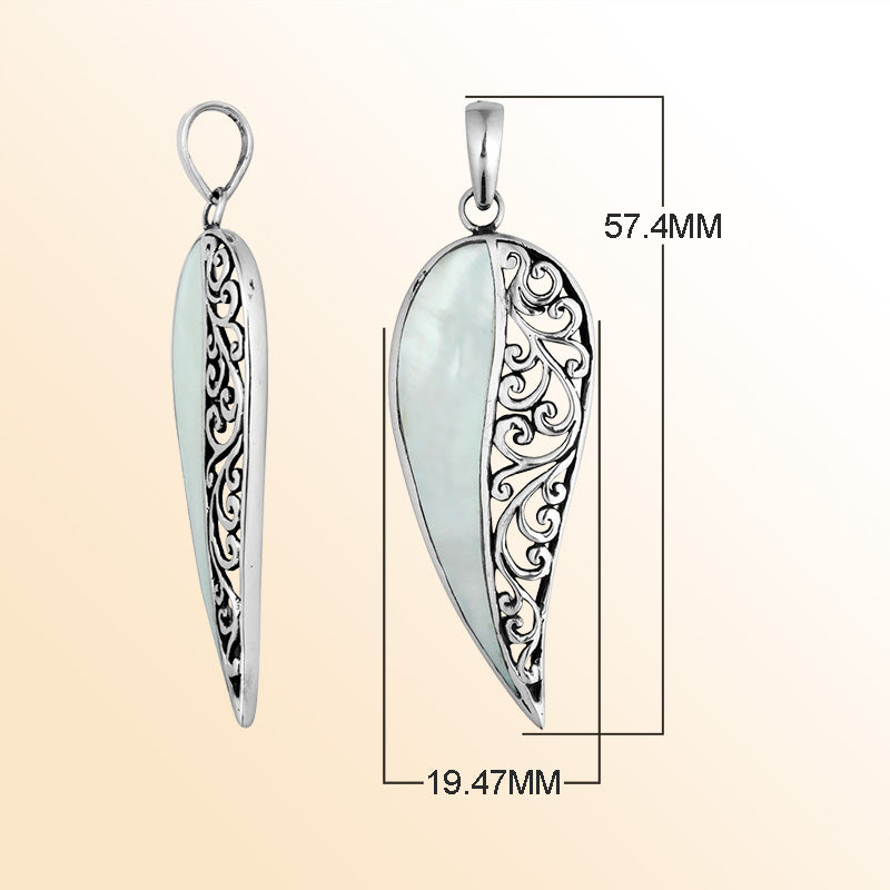 Sterling silver long leaf pendant with luminous mother of pearl and detailed Balinese filigree