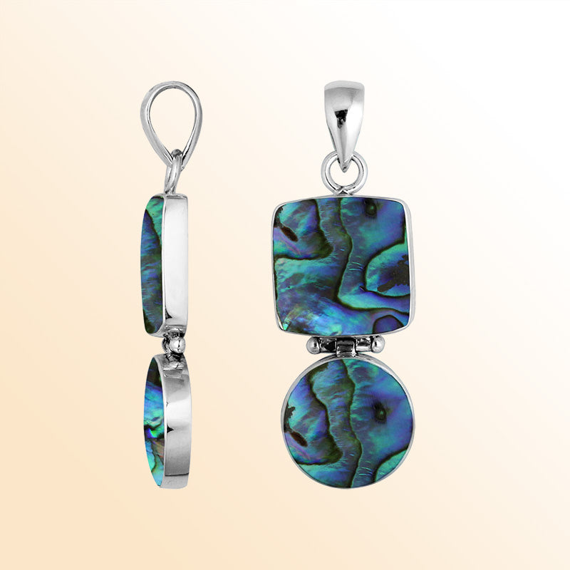 Sterling silver pendant with iridescent abalone shell in square and round shapes handcrafted in Bali