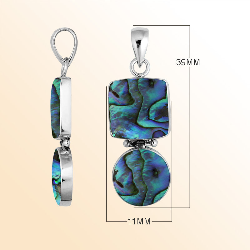 Sterling silver pendant with iridescent abalone shell in square and round shapes handcrafted in Bali