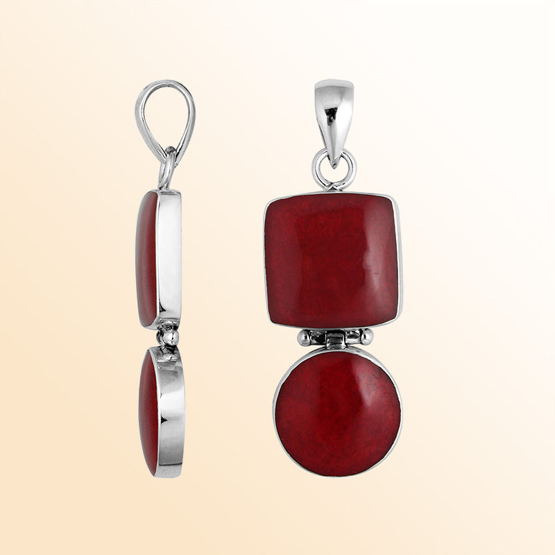 Sterling silver pendant featuring red coral in square and round shapes handcrafted in Bali