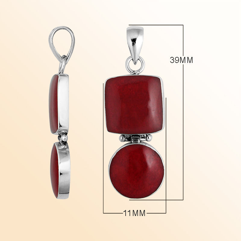 Sterling silver pendant featuring red coral in square and round shapes handcrafted in Bali