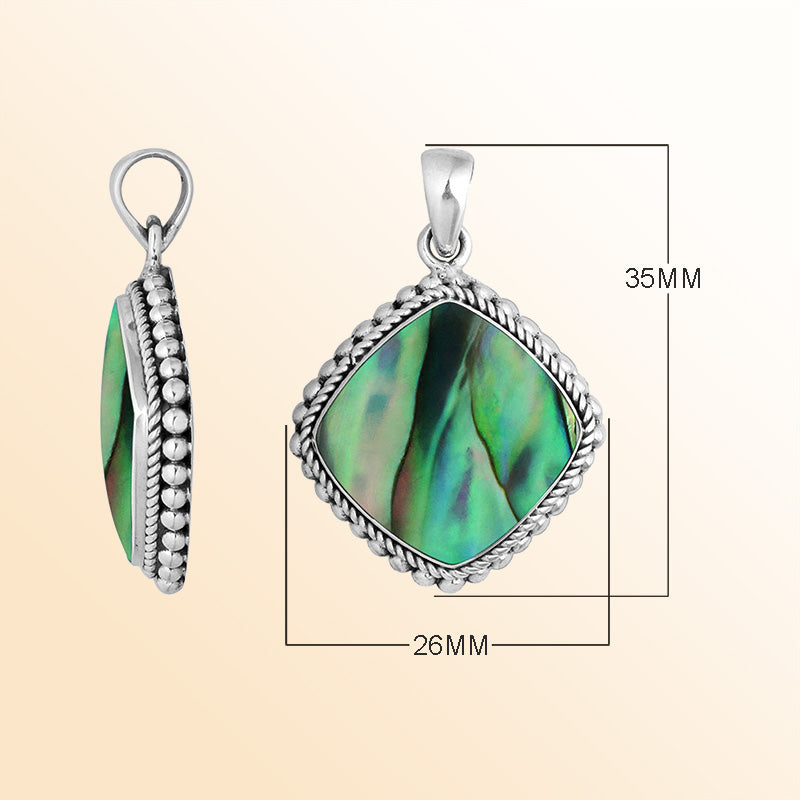 Sterling silver cushion shape pendant with abalone shell and detailed rope beaded edge handcrafted in Bali