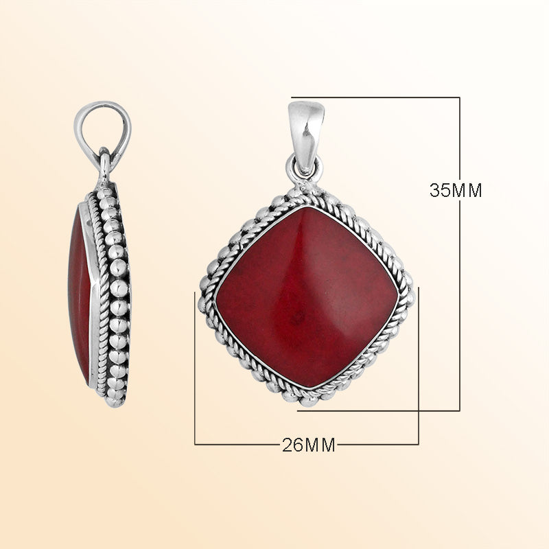 Sterling silver cushion shape pendant with red coral and rope beaded silver border handcrafted in Bali