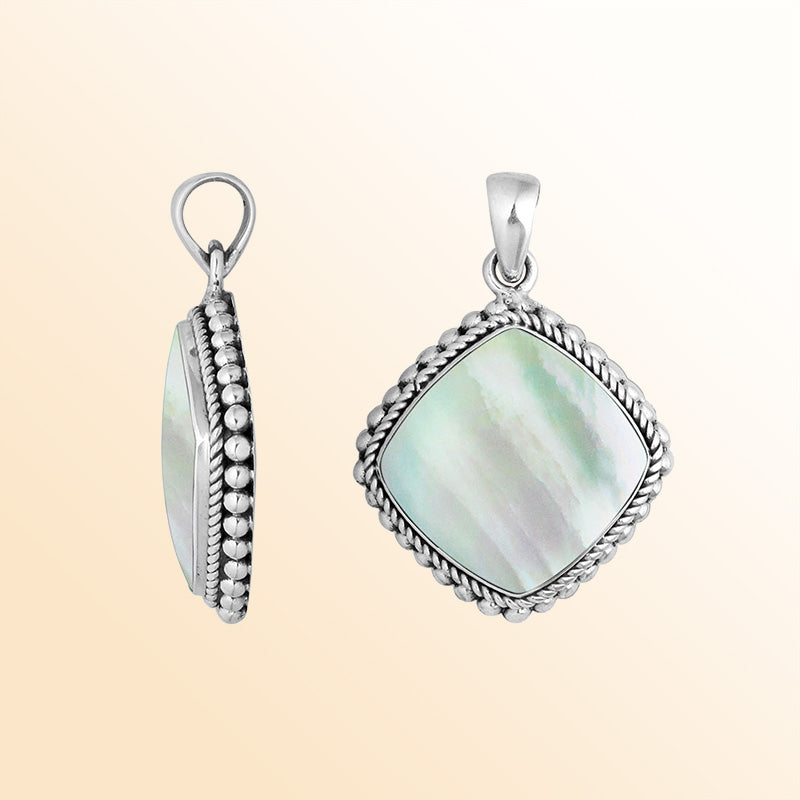 Sterling silver cushion shape pendant with mother of pearl and rope beaded silver frame handcrafted in Bali