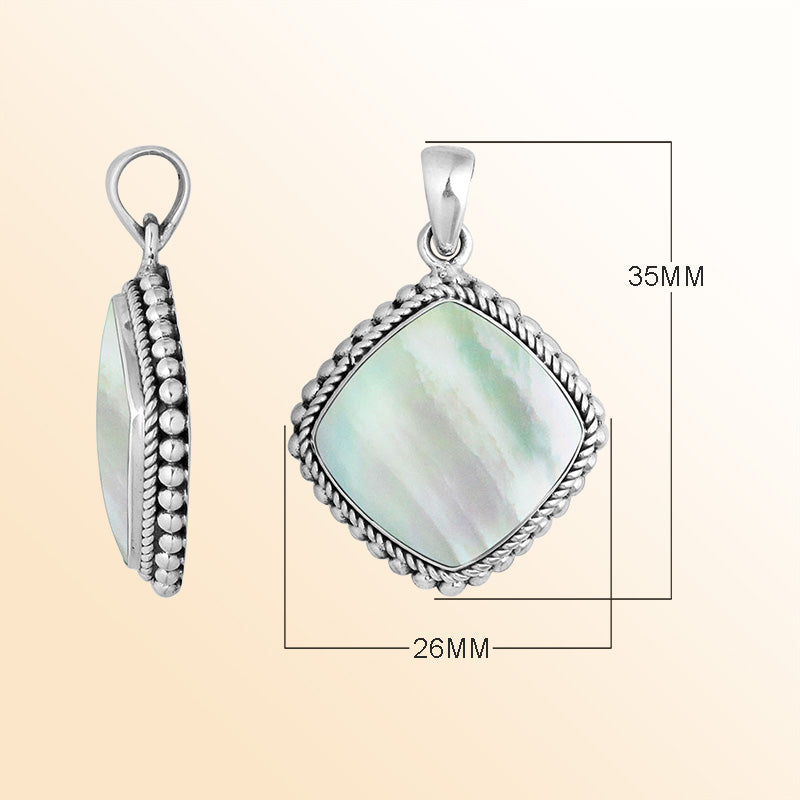 Sterling silver cushion shape pendant with mother of pearl and rope beaded silver frame handcrafted in Bali
