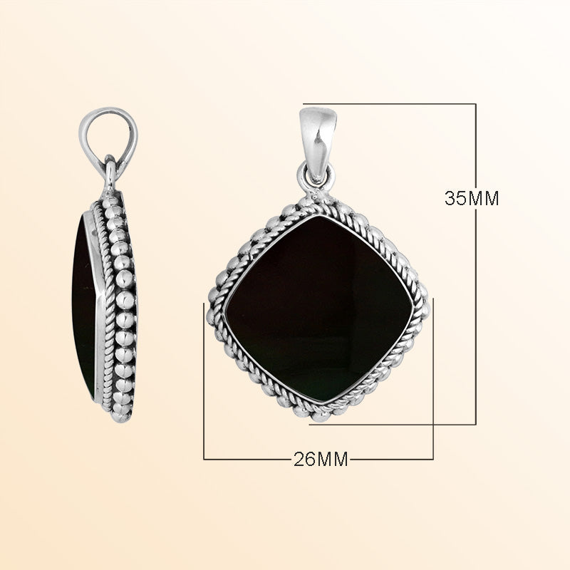 Sterling silver cushion shape pendant with black shell and rope beaded silver frame handcrafted in Bali