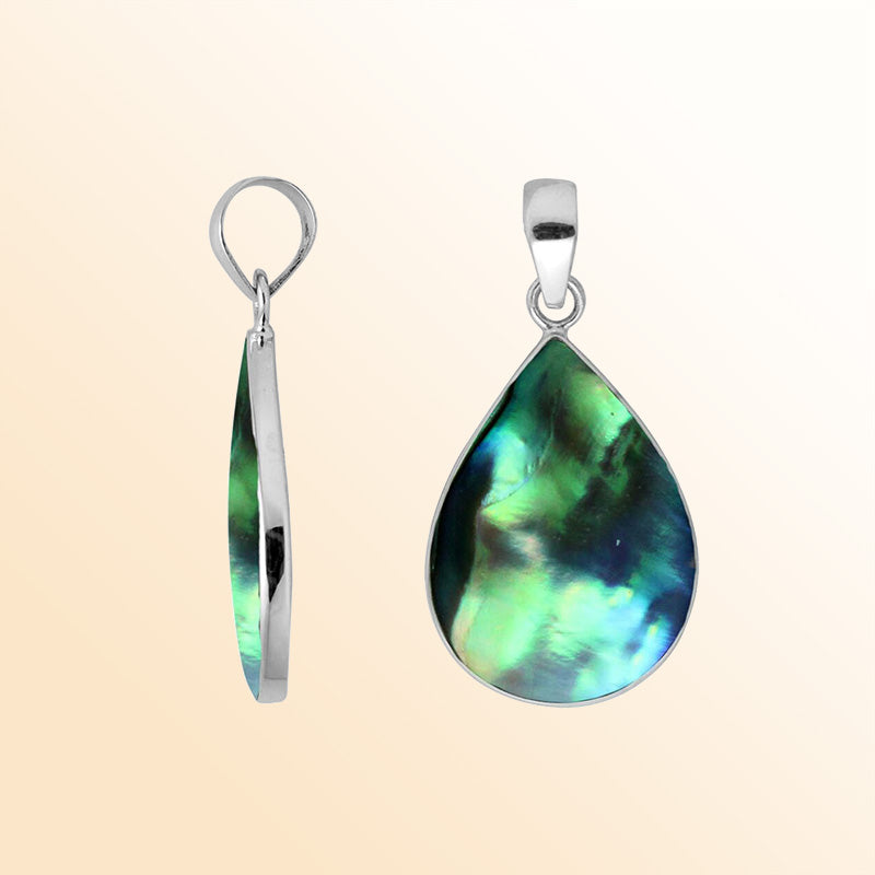 Sterling silver teardrop pendant with abalone shell and polished silver frame handcrafted in Bali