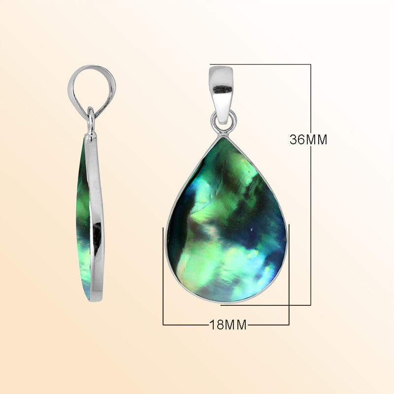 Sterling silver teardrop pendant with abalone shell and polished silver frame handcrafted in Bali