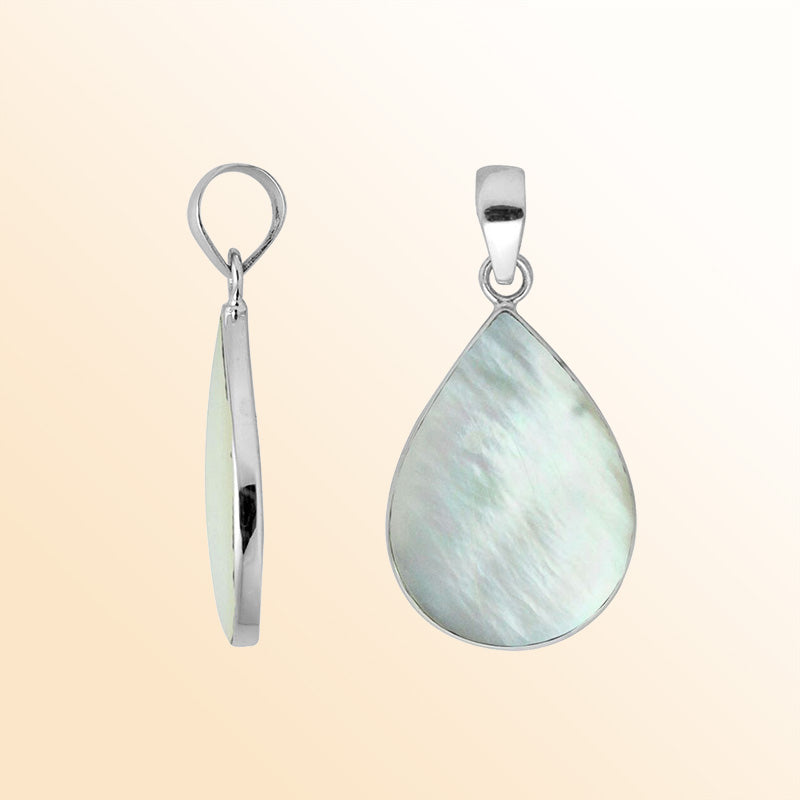 Sterling silver teardrop pendant with mother of pearl and polished silver frame handcrafted in Bali