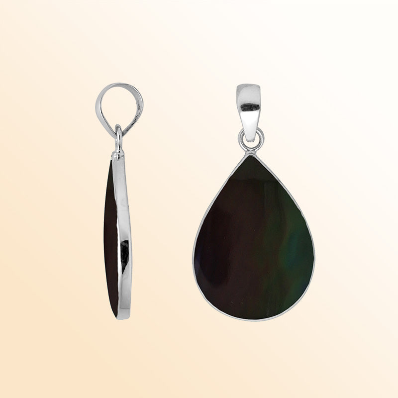 Sterling silver teardrop pendant with Black Shell, sleek silhouette, and polished elegance for everyday wear.