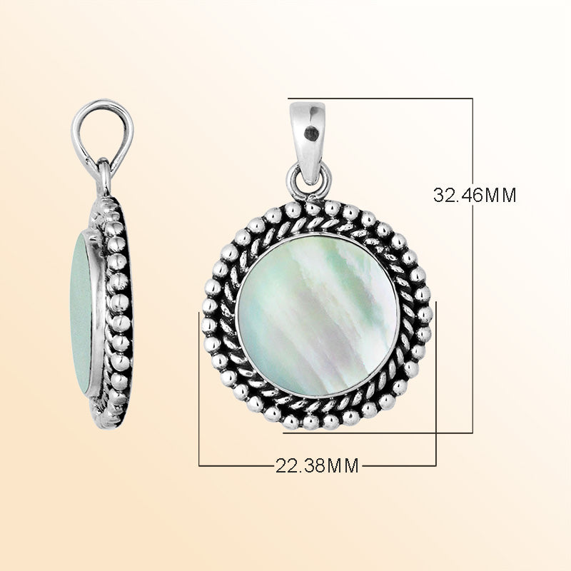 Sterling silver round pendant with mother of pearl and rope beaded silver frame handcrafted in Bali