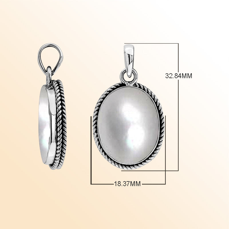 Sterling silver oval pendant with mother of pearl and twisted rope silver frame handcrafted in Bali