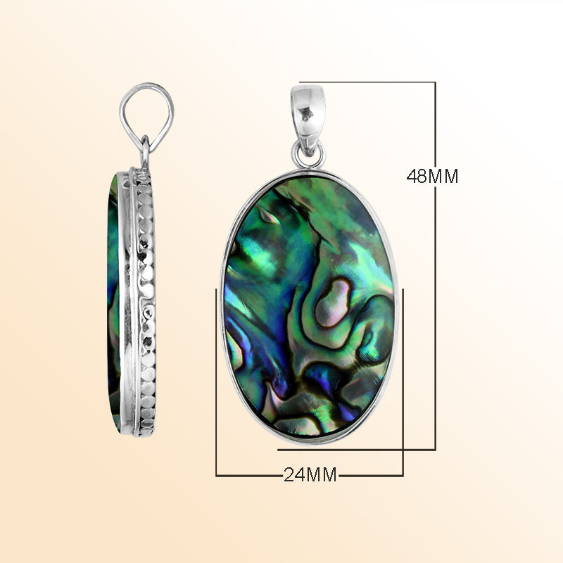 Sterling silver oval pendant with abalone shell and hammered silver edge handcrafted in Bali