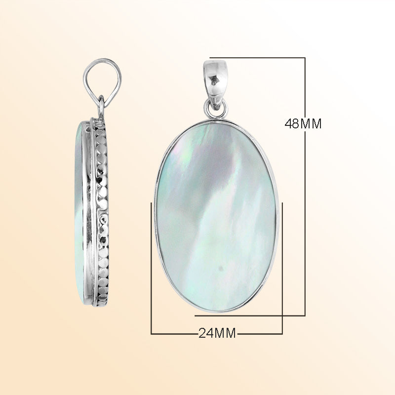 Sterling silver oval pendant with mother of pearl and hammered silver frame handcrafted in Bali