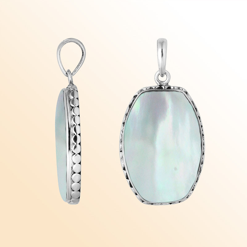 Sterling silver octagon pendant with mother of pearl and hammered silver frame handcrafted in Bali