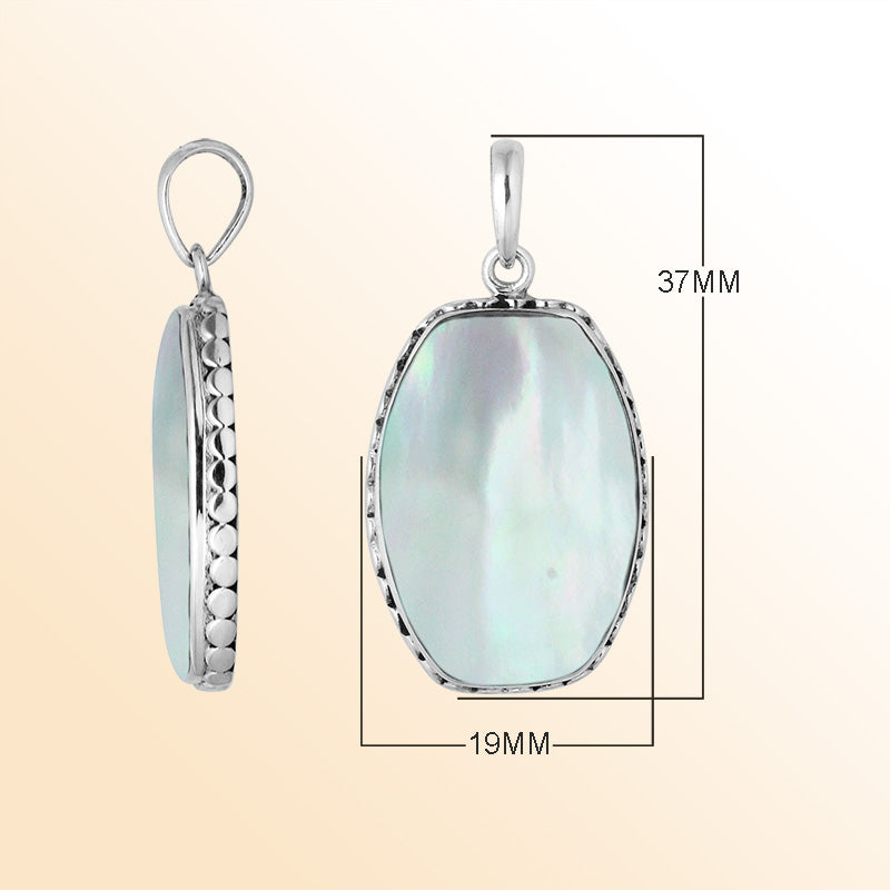 Sterling silver octagon pendant with mother of pearl and hammered silver frame handcrafted in Bali