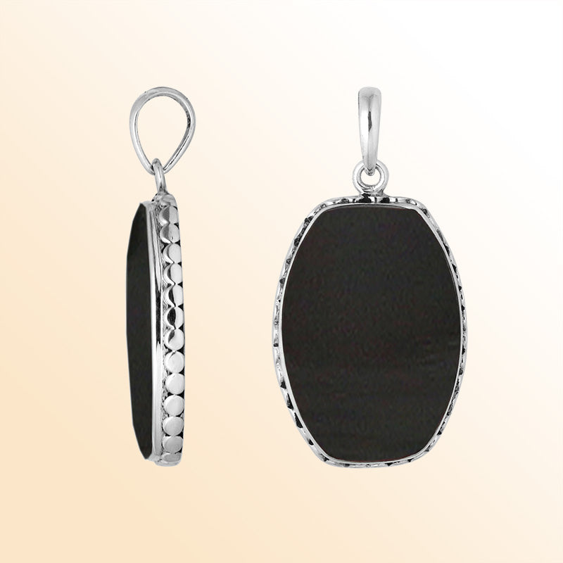 Sterling Silver Black Shell Rectangular Pendant With Polished Surface