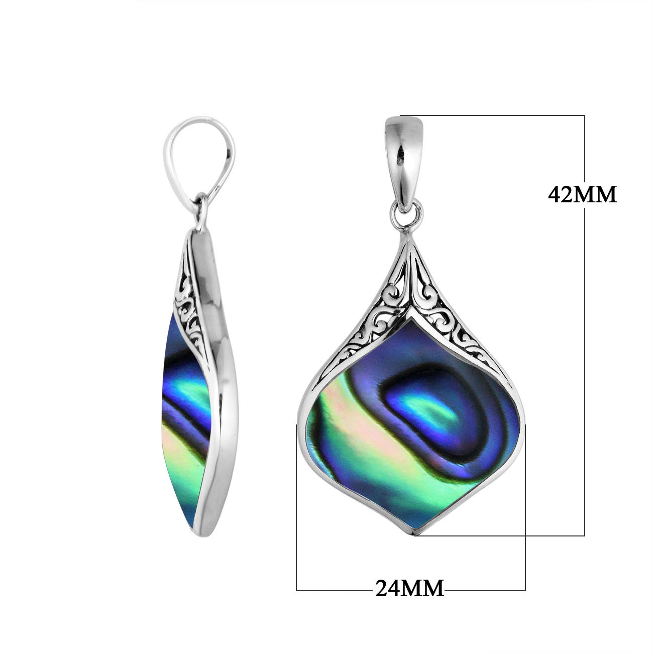 Handcrafted sterling silver pendant featuring a genuine abalone shell with shimmering blue, green, and purple tones framed in intricate Bali design – elegant ocean-inspired jewelry gift.
