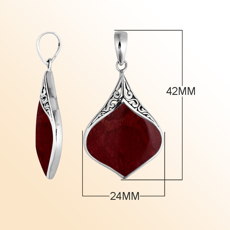 Sterling Silver Red Coral Drop Shape Pendant With Polished Balinese Design