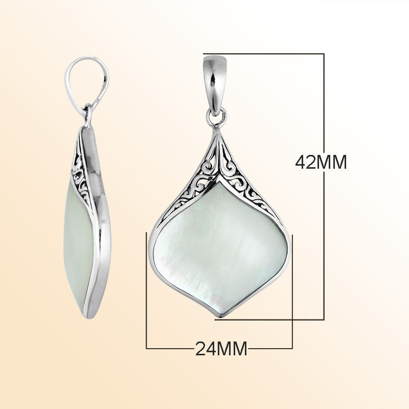 Sterling Silver Mother Of Pearl Drop Shape Pendant With Polished Balinese Design