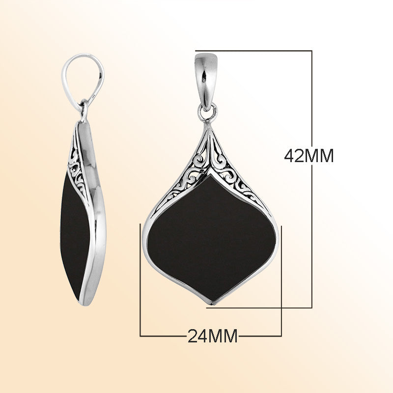Sterling Silver Black Shell Drop Shape Pendant With Polished Balinese Design