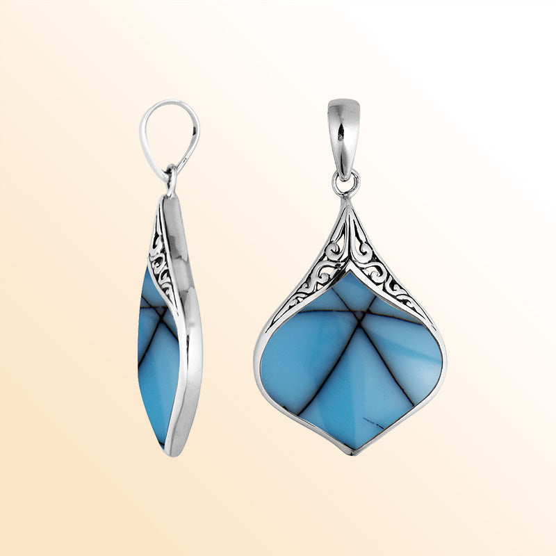 Sterling Silver Turquoise Shell Drop Shape Pendant With Polished Balinese Scrollwork