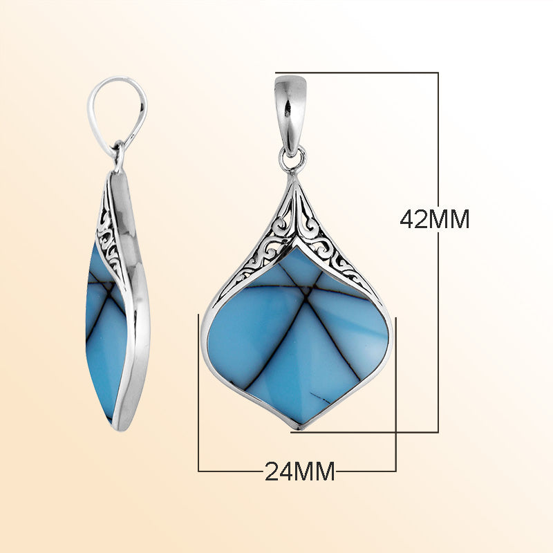 Sterling Silver Turquoise Shell Drop Shape Pendant With Polished Balinese Scrollwork
