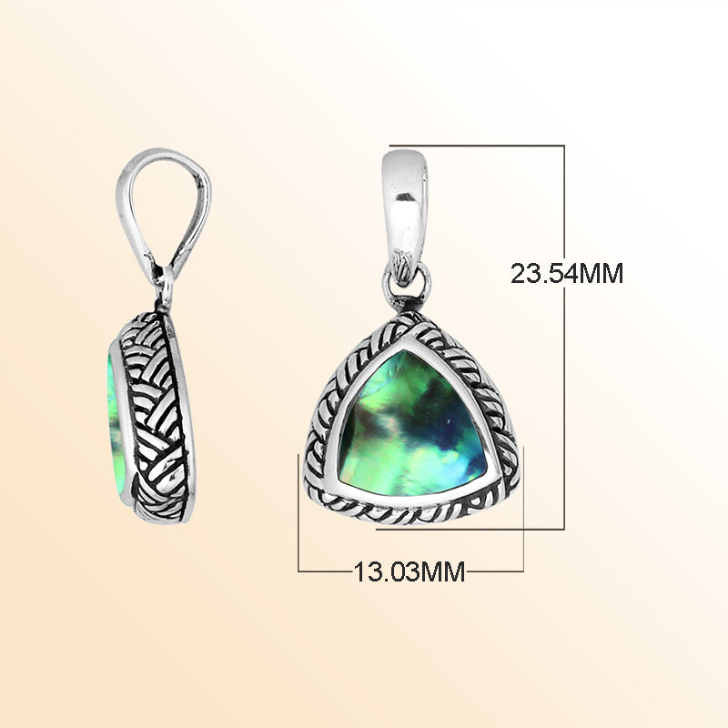 Sterling Silver Abalone Shell Triangular Pendant With Polished Balinese Design