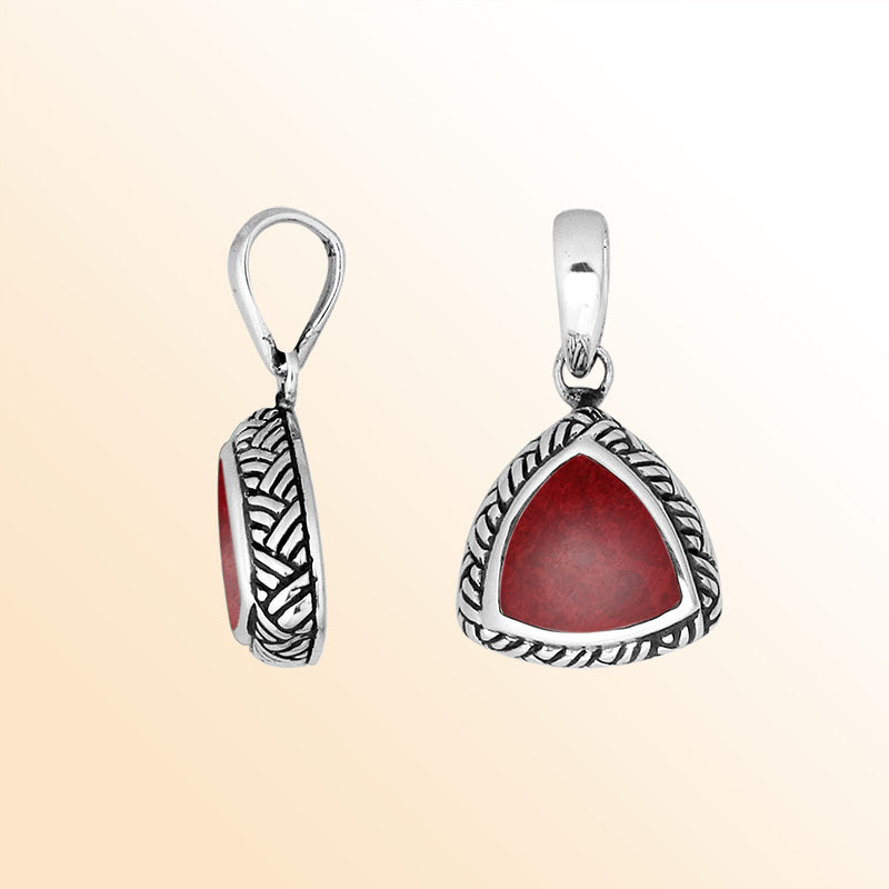 Sterling Silver Red Coral Triangular Pendant With Polished Balinese Engraving