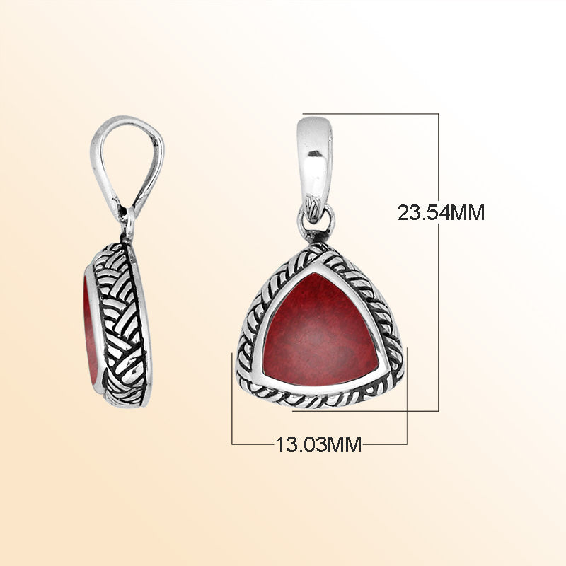 Sterling Silver Red Coral Triangular Pendant With Polished Balinese Engraving