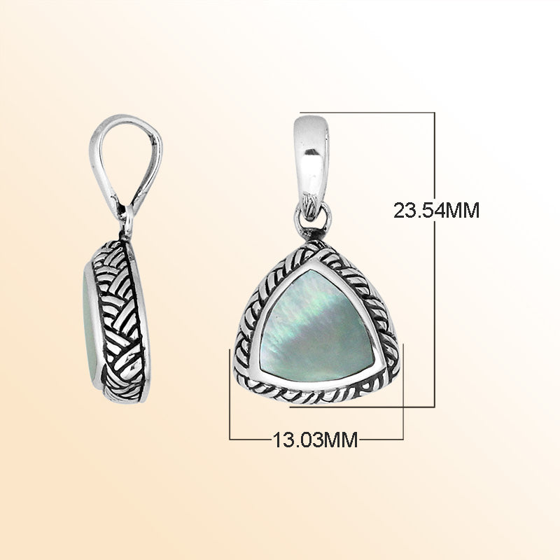 Sterling Silver Mother Of Pearl Triangular Pendant With Polished Balinese Design