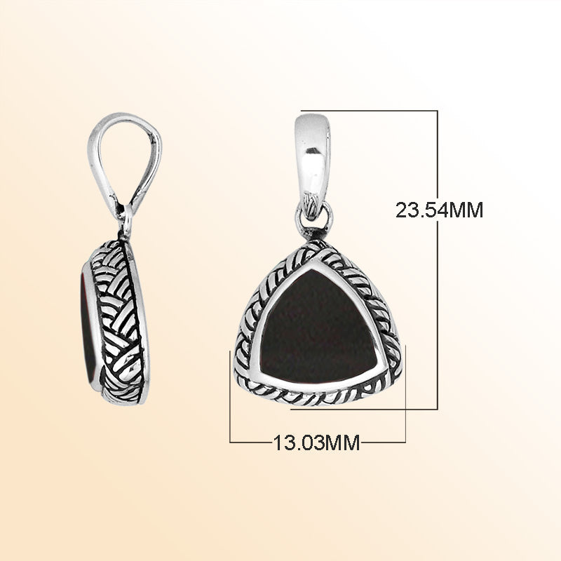 Sterling Silver Black Shell Triangular Pendant With Polished Balinese Engraving