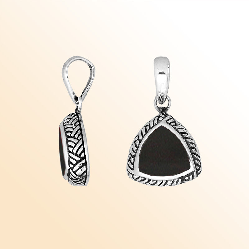 Sterling Silver Black Shell Triangular Pendant With Polished Balinese Engraving