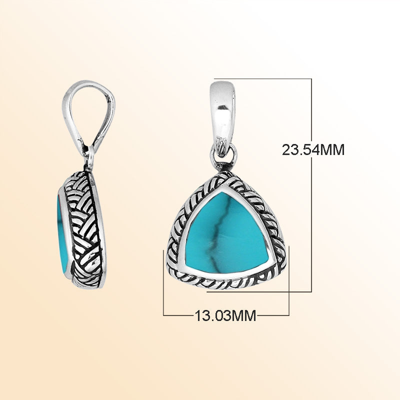 Sterling Silver Turquoise Shell Triangular Pendant With Polished Balinese Engraving
