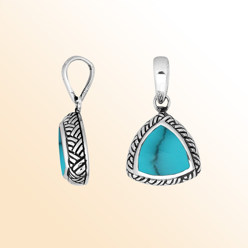 Sterling Silver Turquoise Shell Triangular Pendant With Polished Balinese Engraving