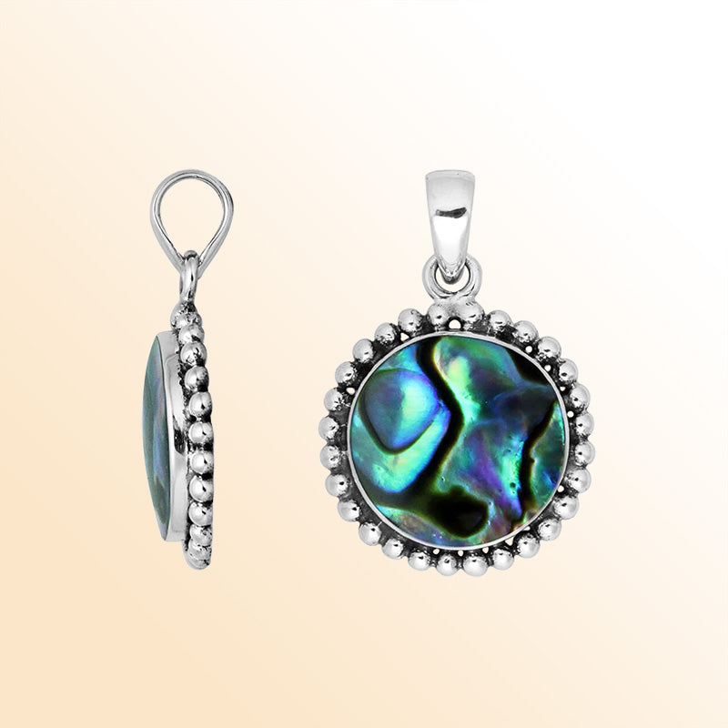 Sterling Silver Abalone Shell Round Pendant With Polished Beaded Silver Design