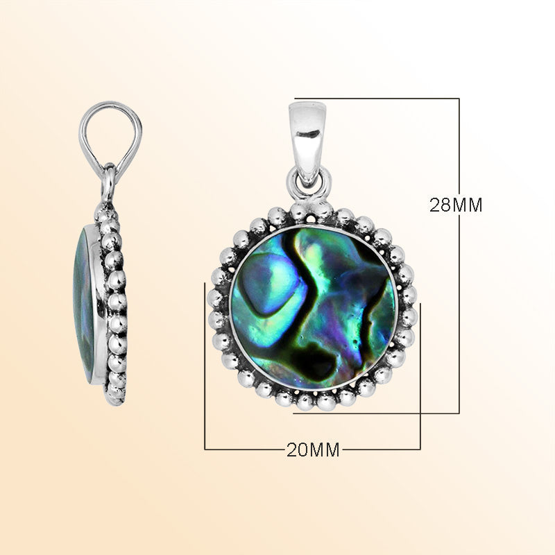 Sterling Silver Abalone Shell Round Pendant With Polished Beaded Silver Design