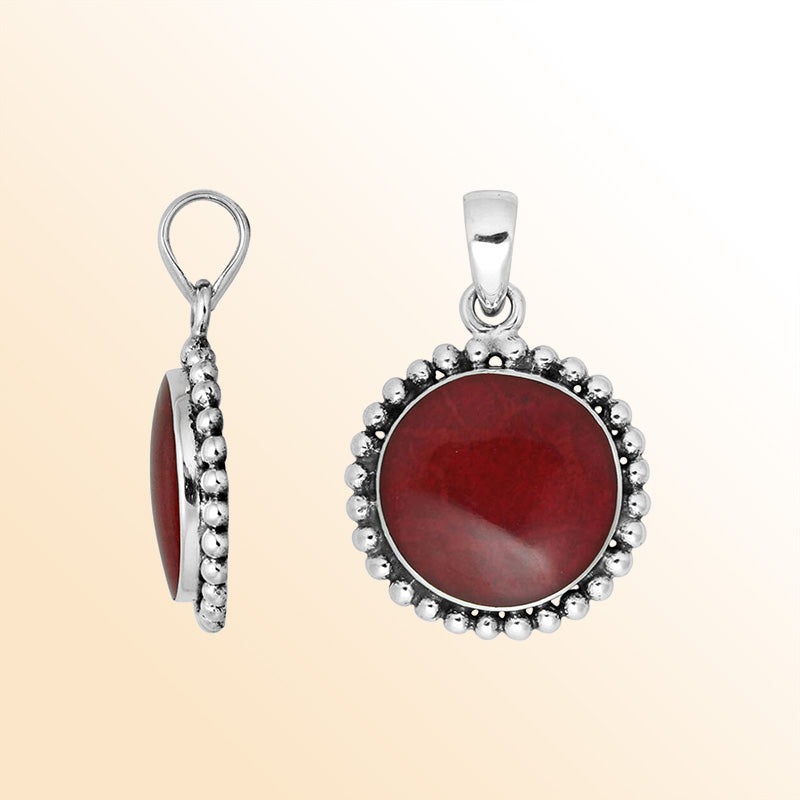 Sterling Silver Red Coral Round Pendant With Polished Beaded Silver Design