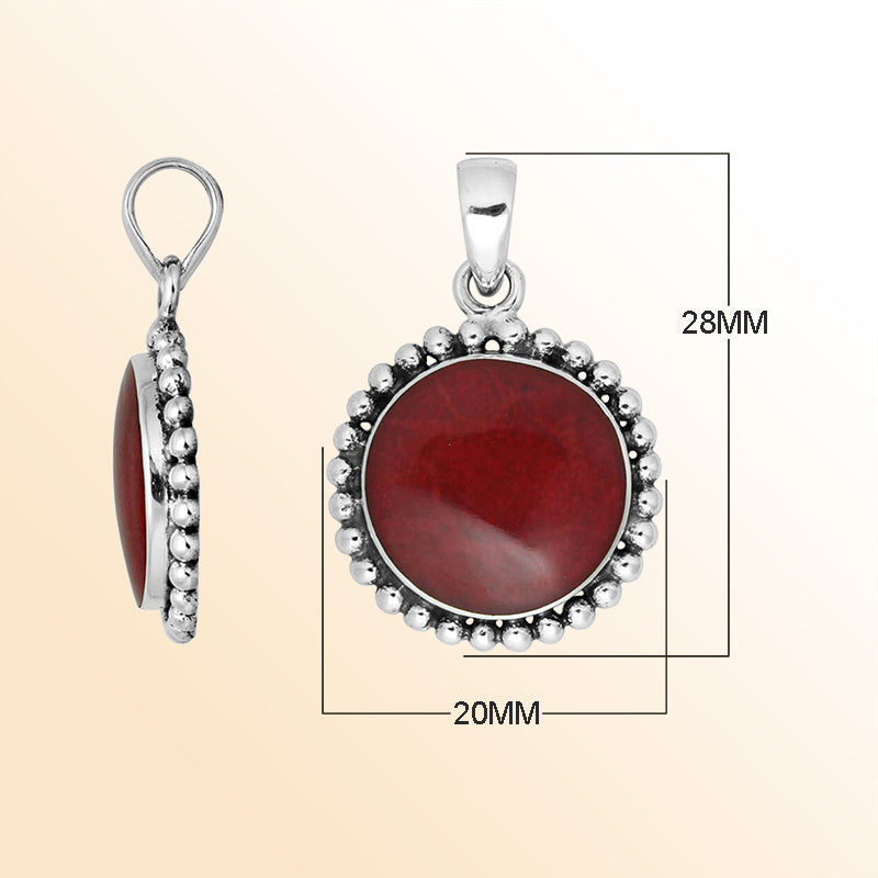 Sterling Silver Red Coral Round Pendant With Polished Beaded Silver Design