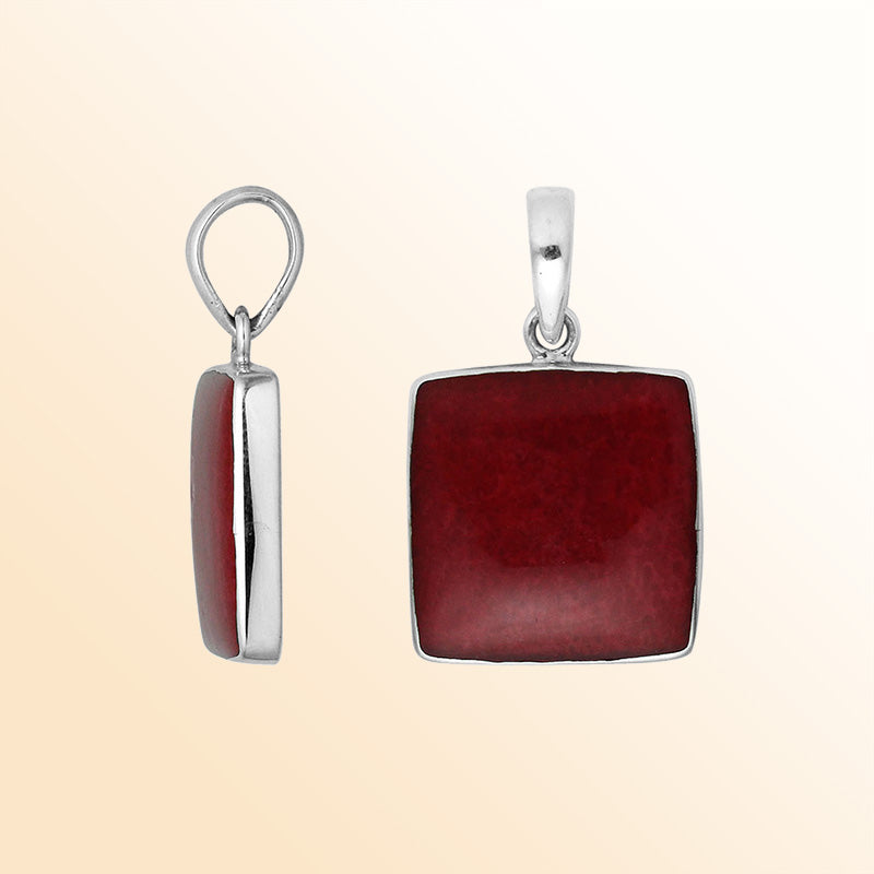 Sterling Silver Red Coral Square Pendant With Polished Silver Bezel
