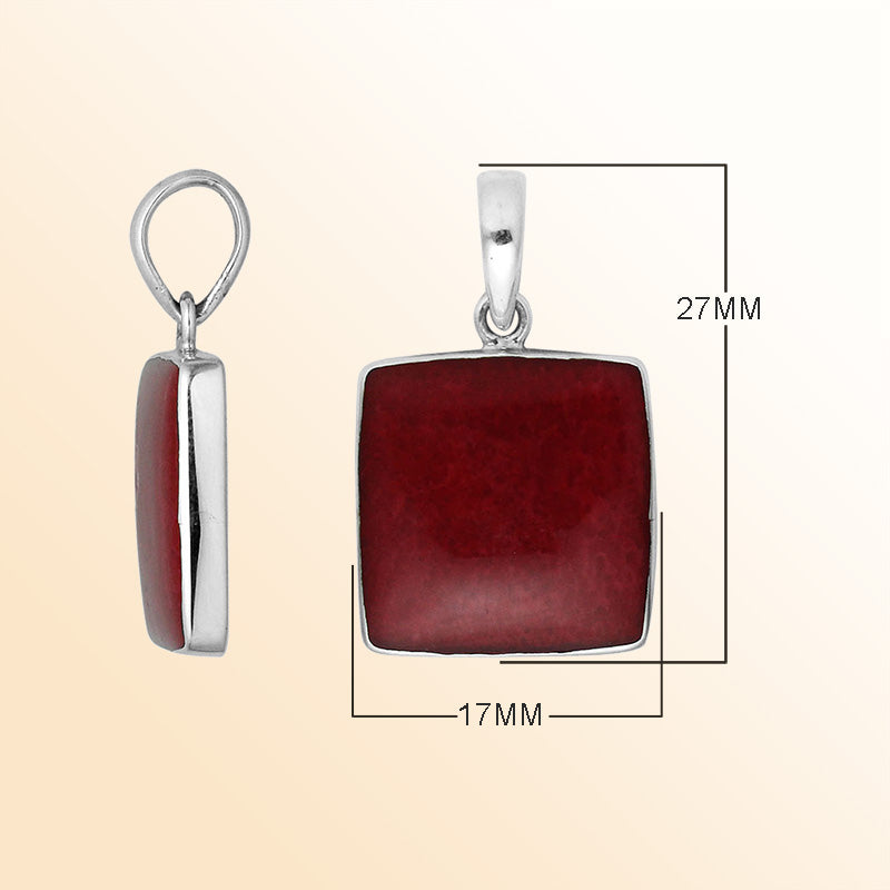 Sterling Silver Red Coral Square Pendant With Polished Silver Bezel