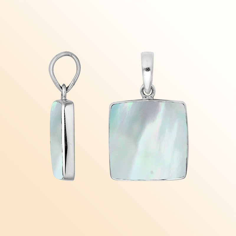 Sterling Silver Mother Of Pearl Square Pendant With Polished Silver Bezel
