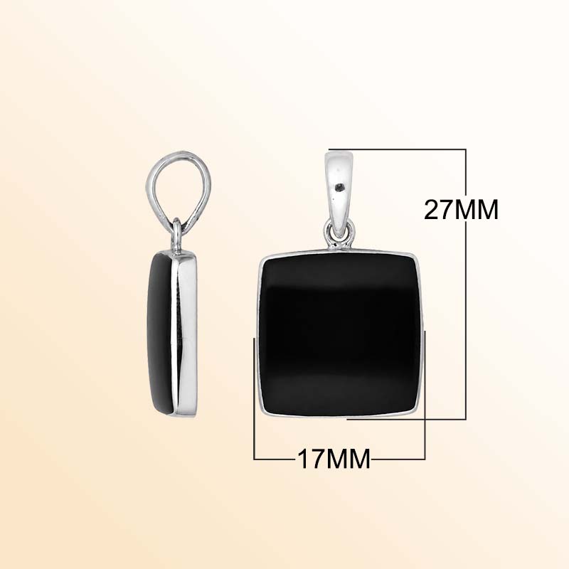 Handcrafted sterling silver square pendant with polished black shell centerpiece